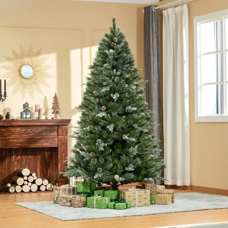 HOMCOM HOMCM 7FT Artificial Christmas Snow Pine Tree Holiday Home Xmas Decoration with Automatic Open, Pinecone, Green