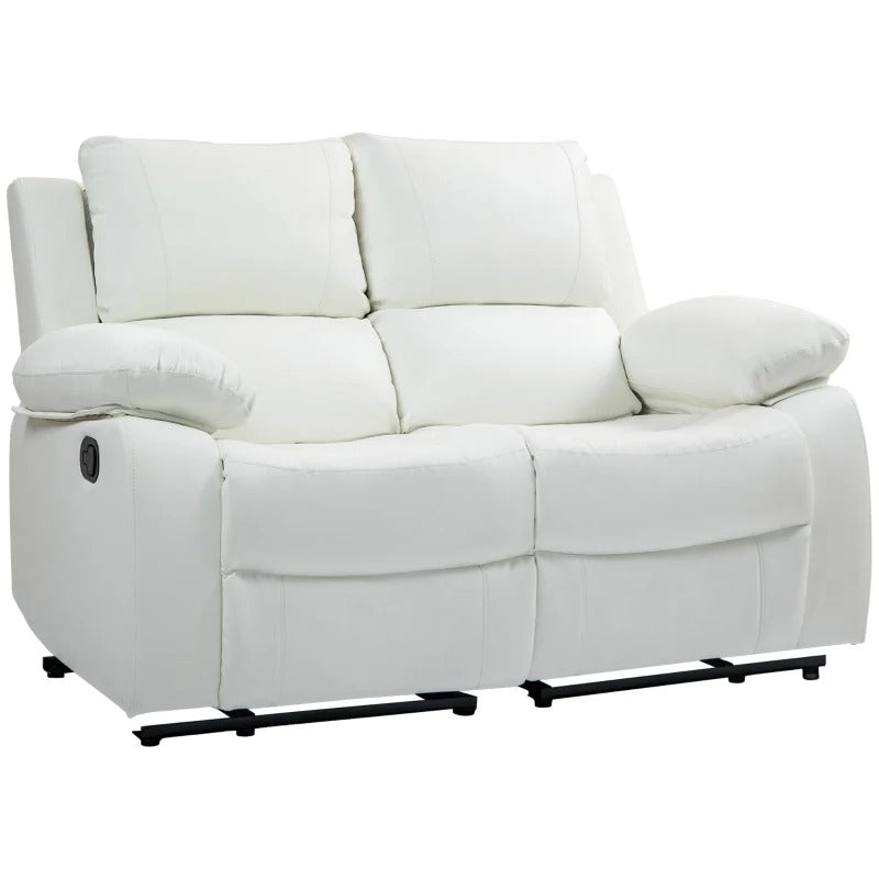 HOMCOM PU Leather Manual Recliner Sofa, Double Reclining Loveseat with Pullback Control Footrest for Living Room, White