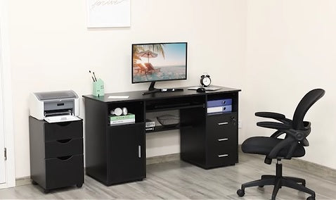 HOMCOM Computer Desk with Keyboard Tray and Drawers, Writing Desk, Home Office Workstation, Black
