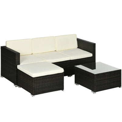 Outsunny 3 Pieces Patio Furniture Set with Cushions, Outdoor PE Rattan Wicker Conversation Corner Sofa Set with Glass Top Table and Adjustable Foot for Garden, Lawn, Cream White