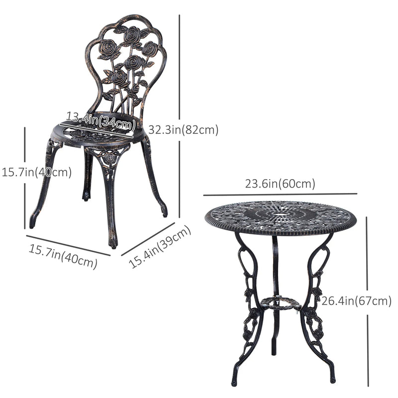 Outsunny 3 Pieces Aluminum Bistro Set, Bistro Table Set Outdoor Patio Furniture with Umbrella Hole, Patio Table and Chairs with Floral Patterns for Garden, Balcony, Porch, Bronze