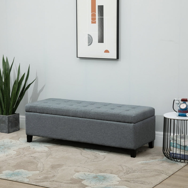 HOMCOM Large 50 Rectangular Storage Ottoman Bench, Tufted Upholstered Linen Fabric Wood Feet Entry Bench, Contemporary Home Decor Grey
