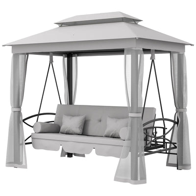 Outsunny 3 Person Outdoor Patio Daybed, 3 in 1 Canopy Gazebo Swing Chair Garden Hammock with Mesh Mosquito and Sun Shade, Grey