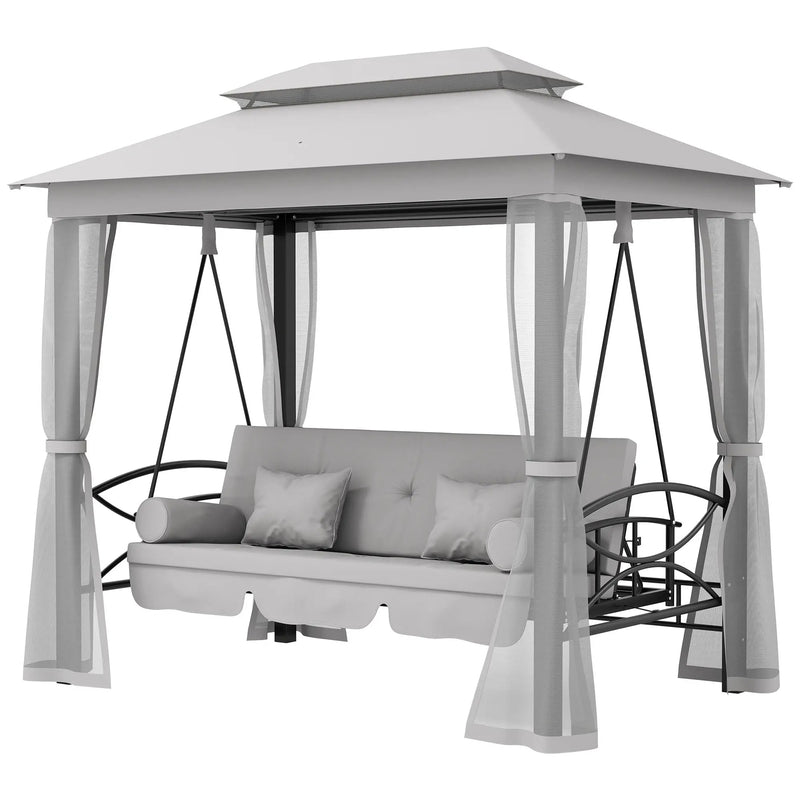 Outsunny 3 Person Outdoor Patio Daybed, 3 in 1 Canopy Gazebo Swing Chair Garden Hammock with Mesh Mosquito and Sun Shade, Grey