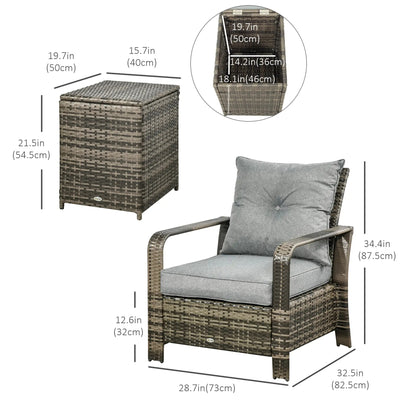Outsunny 3 Pieces Wicker Patio Furniture Set, Rattan Bistro Set with Storage Coffee Table and Thickened Cushions, Outdoor Conversation Set for Garden, Porch, Balcony, Grey