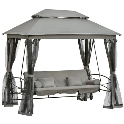 Outsunny 3 Person Outdoor Patio Daybed, 3 in 1 Canopy Gazebo Swing Chair Garden Hammock with Sun Shade, Mesh Mosquito and Net, Dark Grey