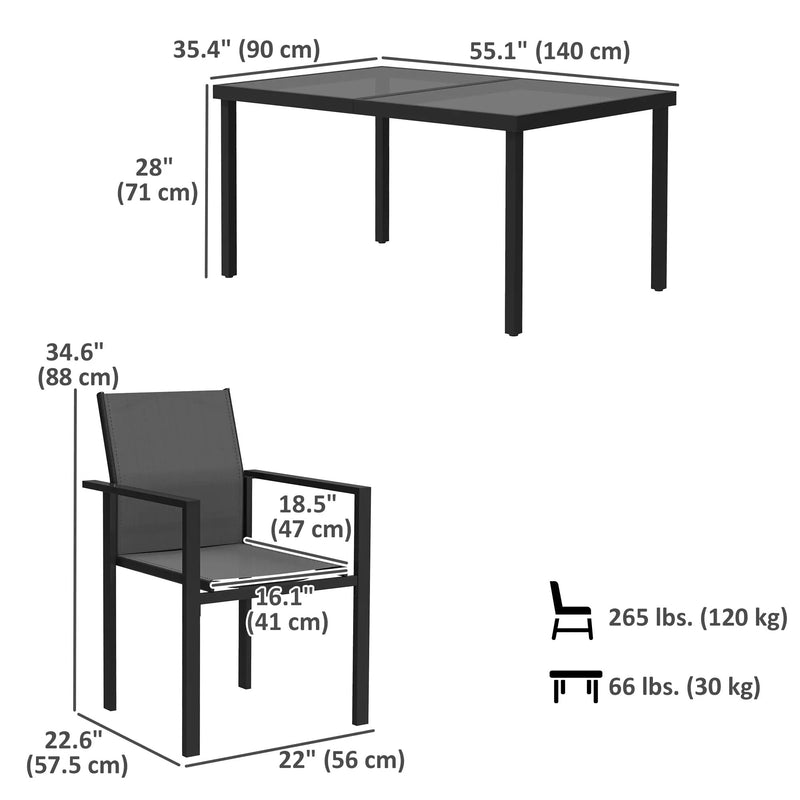 Outsunny 5 Piece Patio Dining Set with 4 Stackable Chairs, Tempered Glass Top, Rust-Resistant Metal Frame