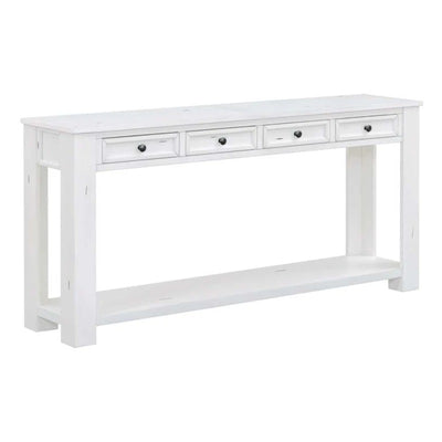 Rustic Chic Console Table with 4 Storage Drawers, Bottom Shelf, Solid Wood Frame, Ideal for Entryway, Hallway, 63" L x 14" W x 30" H, White