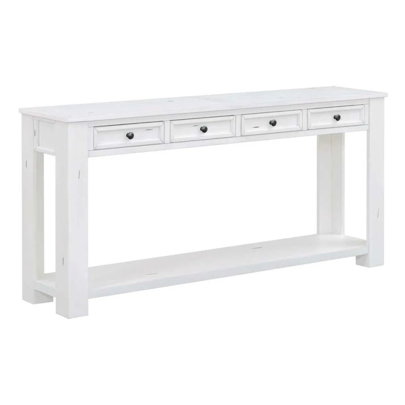 Rustic Chic Console Table with 4 Storage Drawers, Bottom Shelf, Solid Wood Frame, Ideal for Entryway, Hallway, 63" L x 14" W x 30" H, White