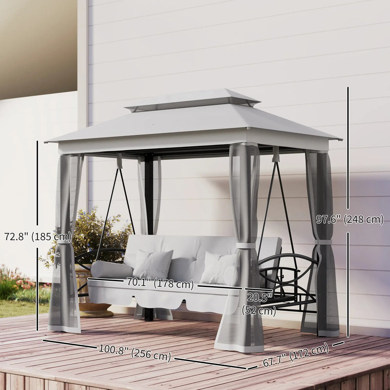 Outsunny 3 Person Outdoor Patio Daybed, 3 in 1 Canopy Gazebo Swing Chair Garden Hammock with Mesh Mosquito and Sun Shade, Grey