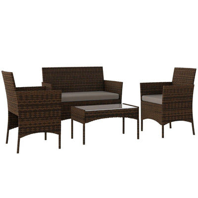 Outsunny 4 Pieces Wicker Outdoor Balcony Furniture Set Rattan Patio Furniture Set with Loveseat Chairs Glass Coffee Table Grey