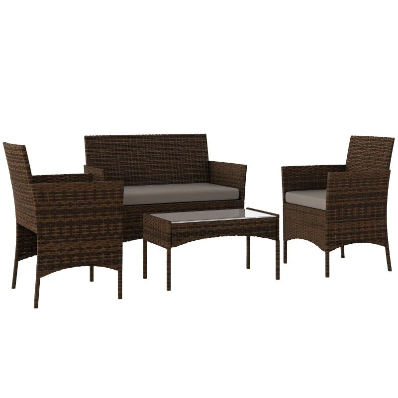 Outsunny 4 Pieces Wicker Outdoor Balcony Furniture Set Rattan Patio Furniture Set with Loveseat Chairs Glass Coffee Table Grey