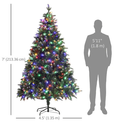HOMCOM 7 Foot Prelit Artificial Christmas Tree with Dual Colour LED Light, Hinged Xmas Tree for Home Office Holiday