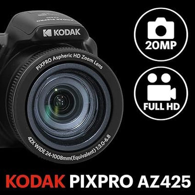 KODAK PIXPRO AZ425-BK 20MP Digital Camera 42X Optical Zoom 24mm Wide Angle Lens 1080P Full HD Video Optical Image Stabilization Li-Ion Battery 3" LCD Vlogging Camera (Black)