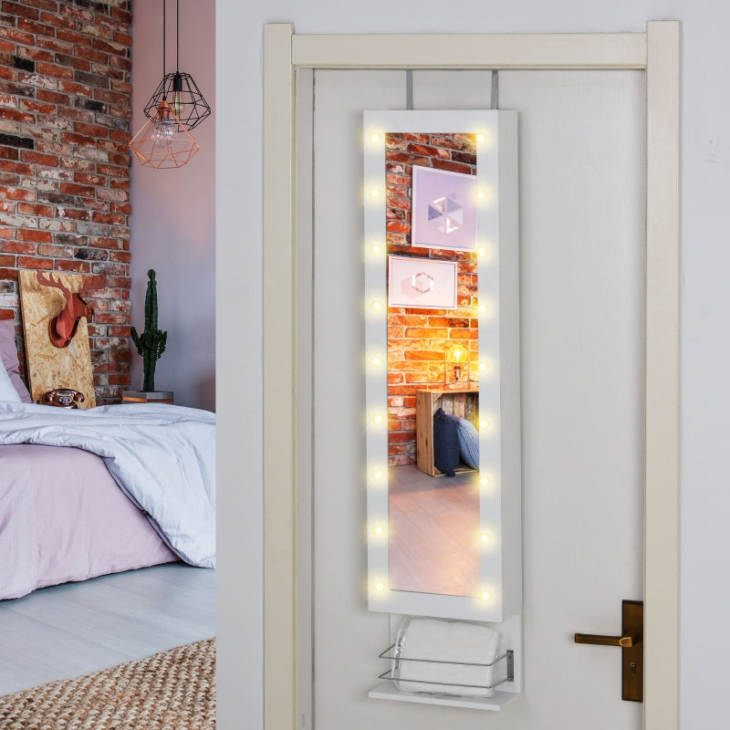 HOMCOM Jewelry Armoire with Mirror, Jewelry Cabinet with 18 LED Lights, Wall-Mounted and Over-The-Door Cabinet with 3 Mountable Heights, Drawer and Open Shelf, White