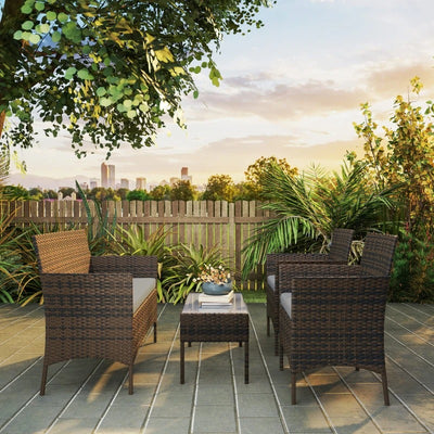 Outsunny 4 Pieces Wicker Outdoor Balcony Furniture Set Rattan Patio Furniture Set with Loveseat Chairs Glass Coffee Table Grey