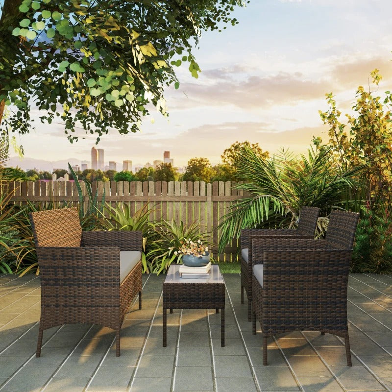 Outsunny 4 Pieces Wicker Outdoor Balcony Furniture Set Rattan Patio Furniture Set with Loveseat Chairs Glass Coffee Table Grey