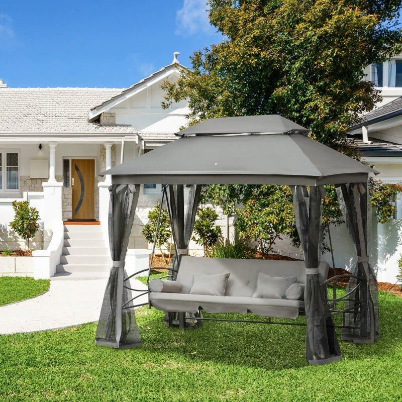 Outsunny 3 Person Outdoor Patio Daybed, 3 in 1 Canopy Gazebo Swing Chair Garden Hammock with Sun Shade, Mesh Mosquito and Net, Dark Grey