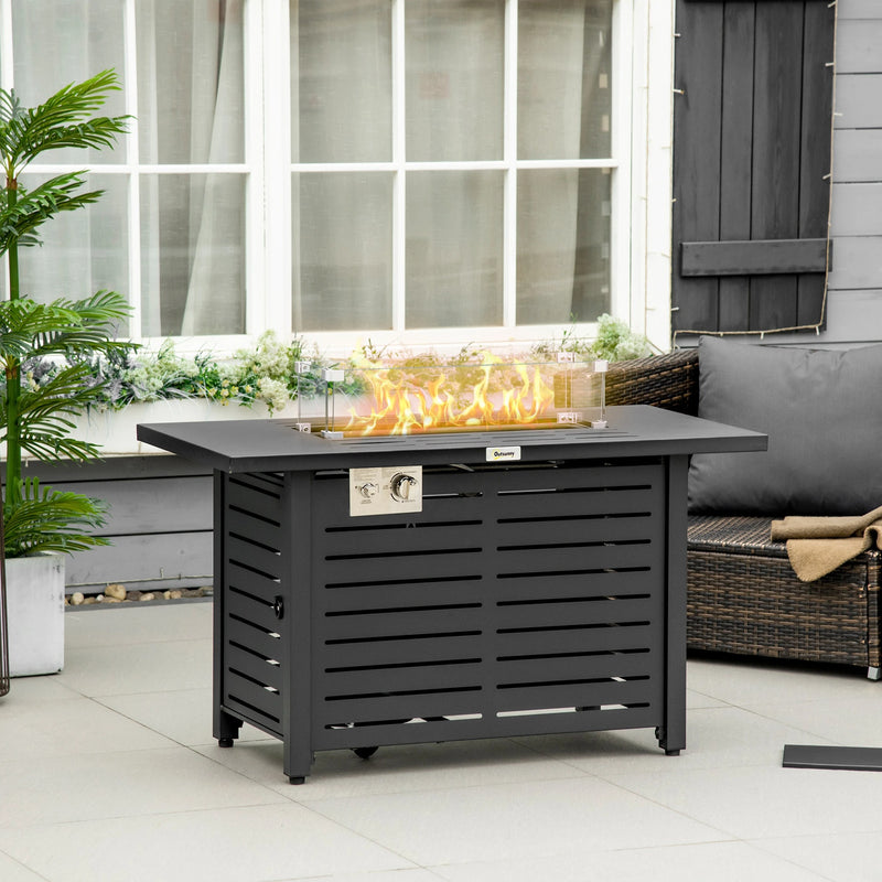 Outsunny Propane Gas Fire Pit Table, Outdoor Firepit with 43" Steel Tabletop and Lid, 50,000 BTU Pulse Ignition Fire Table w/ Stainless Steel Burner, Glass Wind Guard, and Cover
