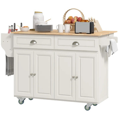 HOMCOM Kitchen Island with Storage, Rolling Kitchen Island with Drop Leaf, Rubber Wood Top and Adjustable Shelves, Cream White