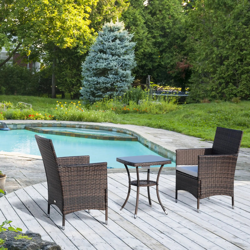 Outsunny 3 Pieces Wicker Patio Furniture Set, Rattan Bistro Set with Glass Top Coffee Table and Cushions, Outdoor Conversation Set for Garden, Porch, Balcony, Coffee
