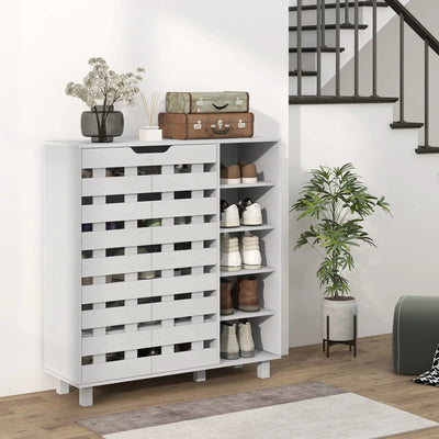 HOMCOM Shoe Cabinet, 21 Pair Shoe Storage Cabinet Organizer with 5-tier Double Door Cupboard and 5-tier Open Shelves, White