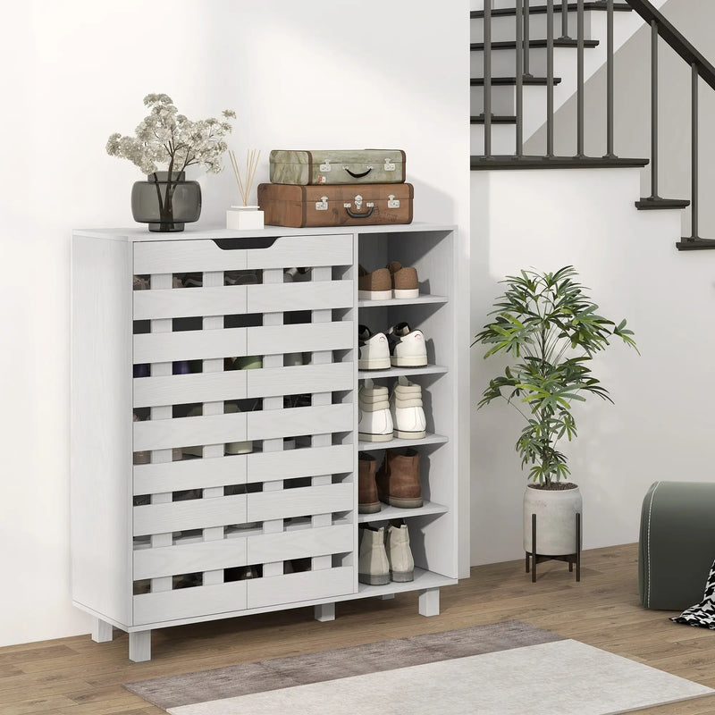 HOMCOM Shoe Cabinet, 21 Pair Shoe Storage Cabinet Organizer with 5-tier Double Door Cupboard and 5-tier Open Shelves, White