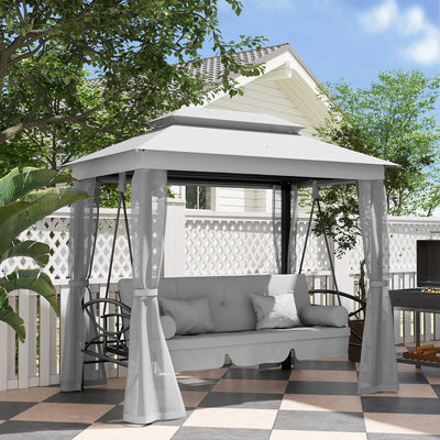 Outsunny 3 Person Outdoor Patio Daybed, 3 in 1 Canopy Gazebo Swing Chair Garden Hammock with Mesh Mosquito and Sun Shade, Grey