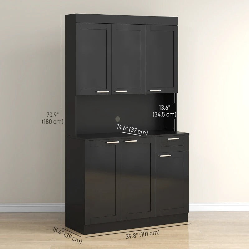 HOMCOM 71" Kitchen Pantry Cabinet, Storage Buffet with Hutch, Adjustable Shelves for Living Room, High Gloss Black