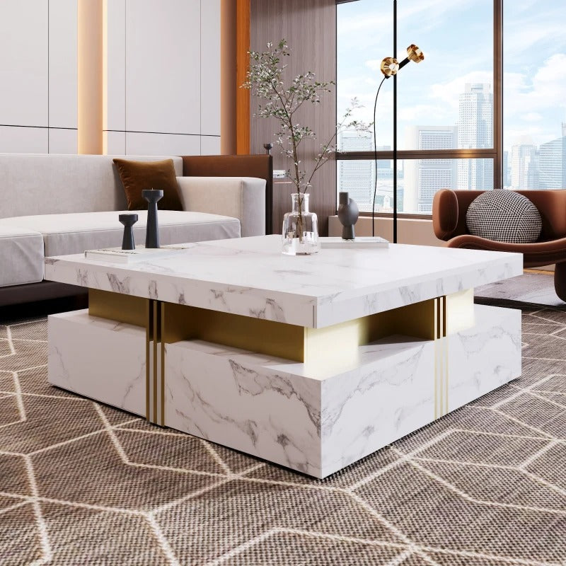 Modern Square Storage Coffee Table with 4 Drawers, MDF Construction, Ample Storage with Four Drawers, 33.5" L x 33.5" W x 16.5" H, White
