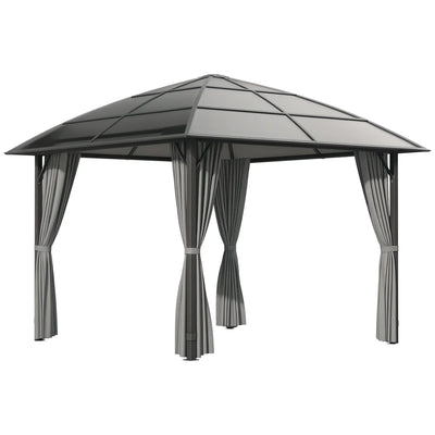 Outsunny 10' x 10' Outdoor Gazebo Canopy, Hardtop Gazebo with UV60+ Polycarbonate Roof, Steel Frame, Central Hook, and Curtains, for Garden, Lawn, Backyard, Deck, Dark Grey