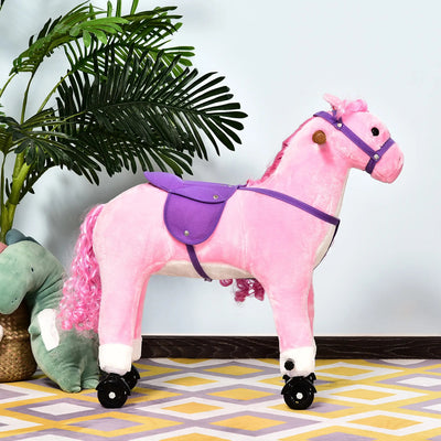 Qaba Kids Rocking Horse, Large Walking Ride on Toy for Toddlers 3 year old, Baby Plush Animal Rocker with Sound and Wheel, Pink