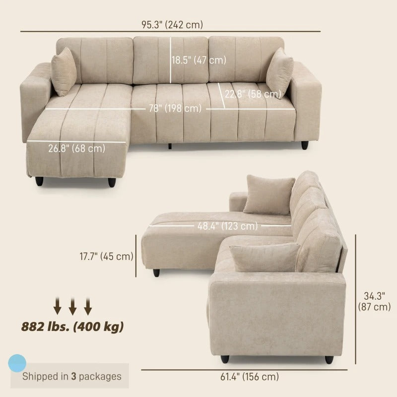 HOMCOM Sectional Couch with Integrated Seat, 3 Seater L-Shaped Sofa with Changeable Chaise, Spring Cushion, 2 Pillows, Beige