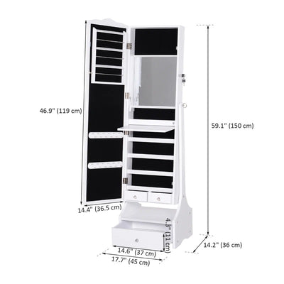HOMCOM Standing Jewelry Cabinet Organizer Jewelry Armoire with LED Lights, Full Length Mirror, Adjustable Angle, White
