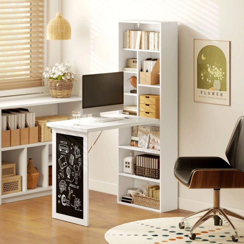 HOMCOM Fold-out Convertible Office Desk, Wall Mount Computer Desk with Blackboard and Side Shelf, White