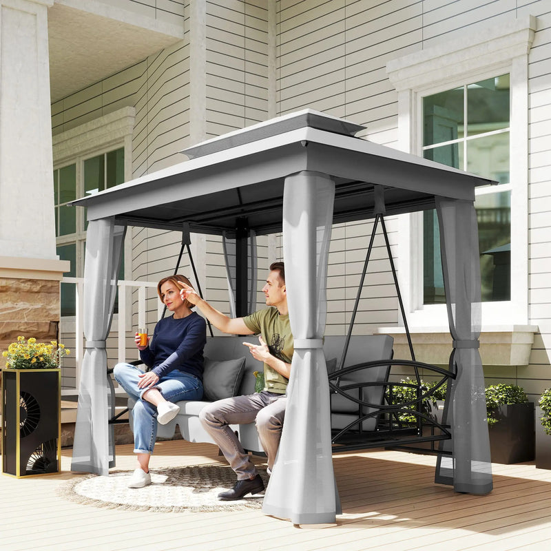 Outsunny 3 Person Outdoor Patio Daybed, 3 in 1 Canopy Gazebo Swing Chair Garden Hammock with Mesh Mosquito and Sun Shade, Grey