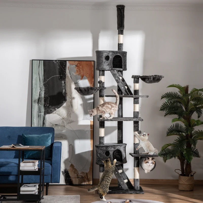 PawHut 94-102 Floor to Ceiling Cat Tree High Cat Condo Scratching Post Activity Center Multi-Level Play House Dark Grey