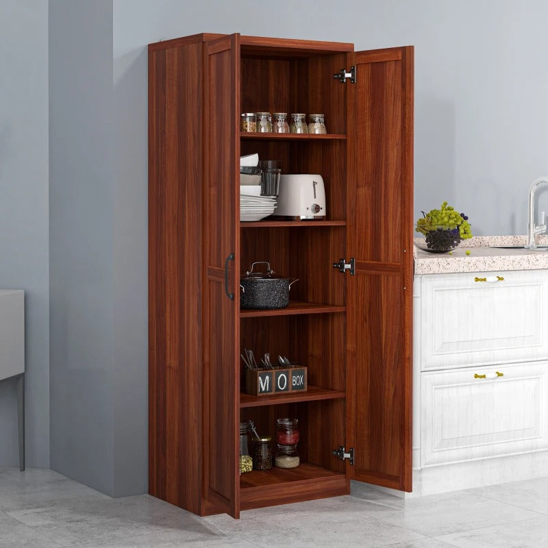 HOMCOM 63" Kitchen Storage Cabinet, 5-tier Pantry Cabinet with Doors and Adjustable Shelves for Dining Room, Tan