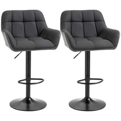 HOMCOM Modern Adjustable Bar Stools Set of 2, Swivel Tufted Fabric Barstools with Footrest, Armrests and PU Leather Back, for Kitchen Counter and Dining Room, Black