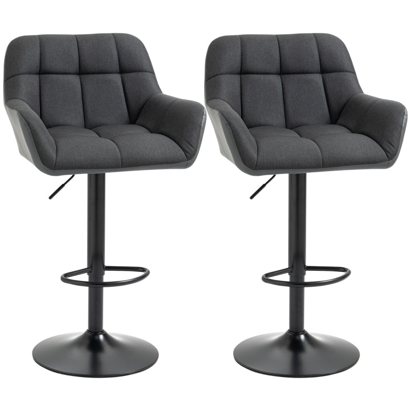 HOMCOM Modern Adjustable Bar Stools Set of 2, Swivel Tufted Fabric Barstools with Footrest, Armrests and PU Leather Back, for Kitchen Counter and Dining Room, Black