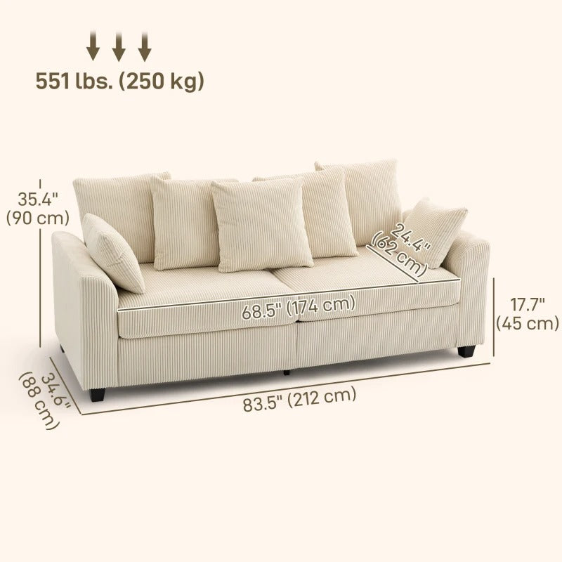 HOMCOM Corduroy Couch, 3 Seater Sofa, Modern Upholstered Couch with Curved Armrests and 8 Removable Pillows, Beige