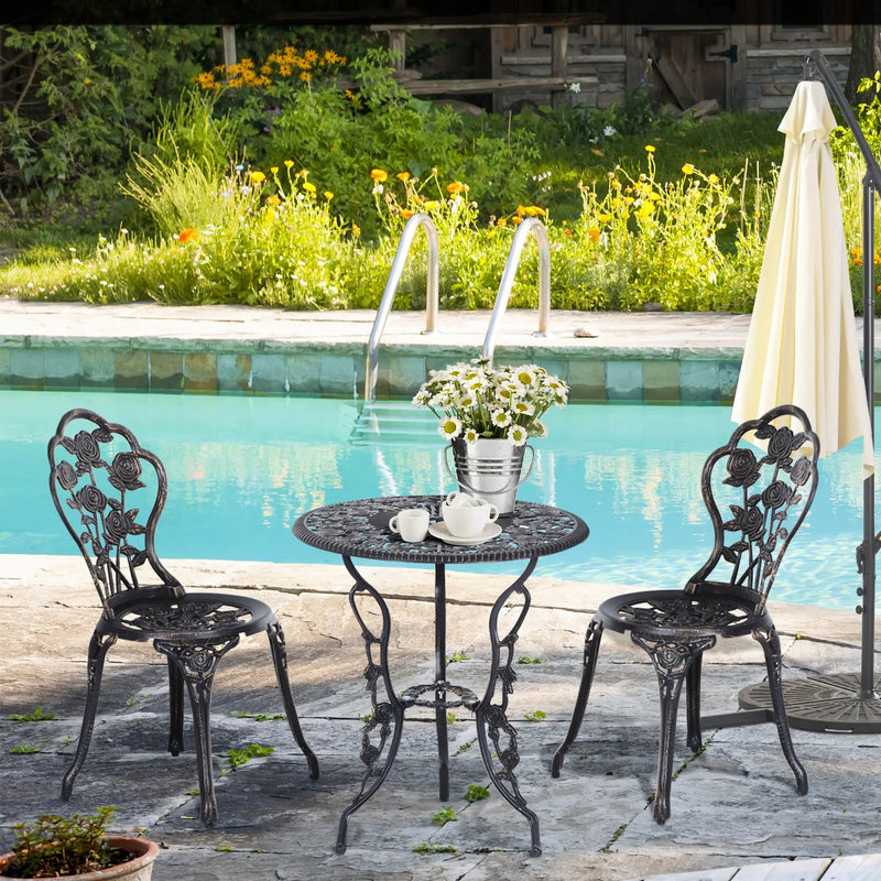Outsunny 3 Pieces Aluminum Bistro Set, Bistro Table Set Outdoor Patio Furniture with Umbrella Hole, Patio Table and Chairs with Floral Patterns for Garden, Balcony, Porch, Bronze