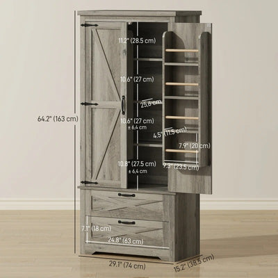 HOMCOM Farmhouse Kitchen Pantry Storage Cabinet, 64" Freestanding Kitchen Pantry Cabinet with Drawers, Distressed Grey