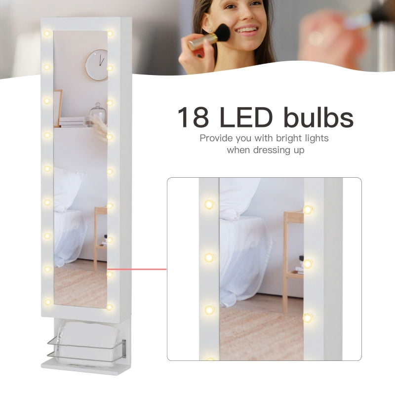 HOMCOM Jewelry Armoire with Mirror, Jewelry Cabinet with 18 LED Lights, Wall-Mounted and Over-The-Door Cabinet with 3 Mountable Heights, Drawer and Open Shelf, White