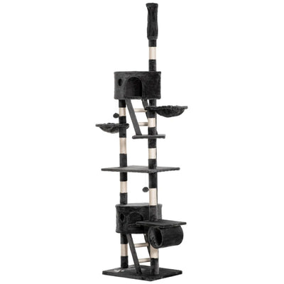 PawHut 94-102 Floor to Ceiling Cat Tree High Cat Condo Scratching Post Activity Center Multi-Level Play House Dark Grey