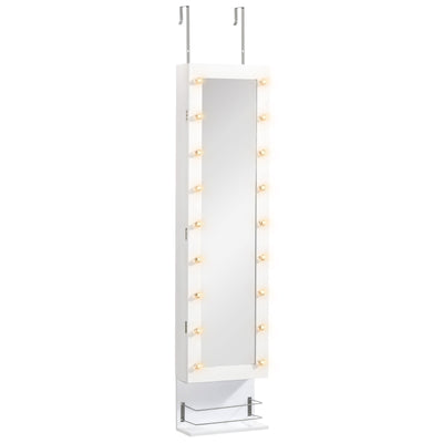 HOMCOM Jewelry Armoire with Mirror, Jewelry Cabinet with 18 LED Lights, Wall-Mounted and Over-The-Door Cabinet with 3 Mountable Heights, Drawer and Open Shelf, White