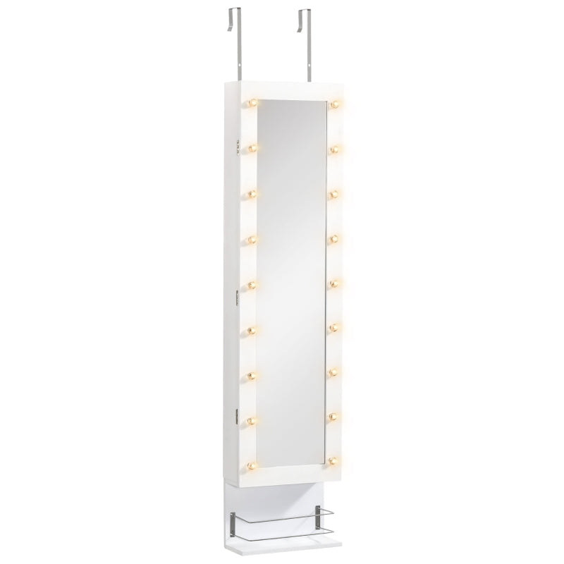 HOMCOM Jewelry Armoire with Mirror, Jewelry Cabinet with 18 LED Lights, Wall-Mounted and Over-The-Door Cabinet with 3 Mountable Heights, Drawer and Open Shelf, White