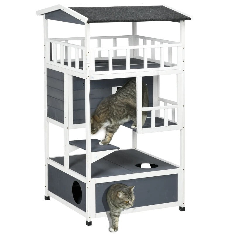 PawHut 4-Floor Wood Outdoor Cat House Catio for Cats with Condo, Fun Entrances, Perch, Grey