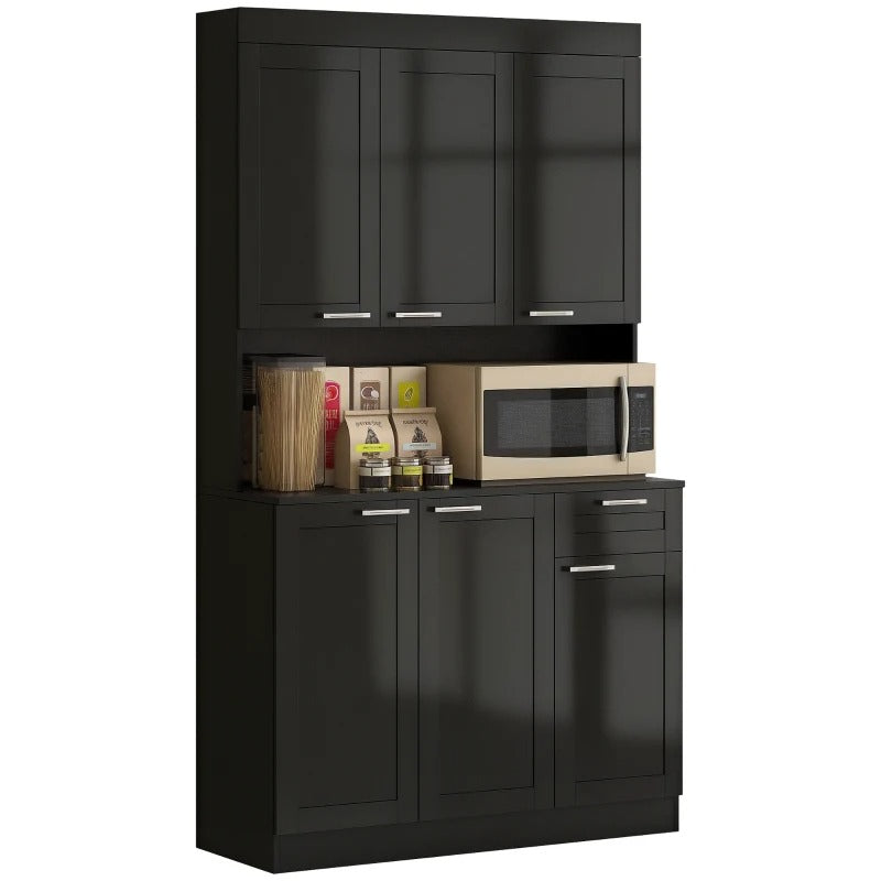 HOMCOM 71" Kitchen Pantry Cabinet, Storage Buffet with Hutch, Adjustable Shelves for Living Room, High Gloss Black
