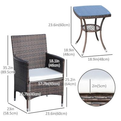 Outsunny 3 Pieces Wicker Patio Furniture Set, Rattan Bistro Set with Glass Top Coffee Table and Cushions, Outdoor Conversation Set for Garden, Porch, Balcony, Coffee